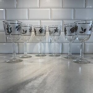 VINTAGE LIBBEY SILVER LEAF STEMMED WINE GLASSES 7 3/4 INCHES SET OF 6 ONA436